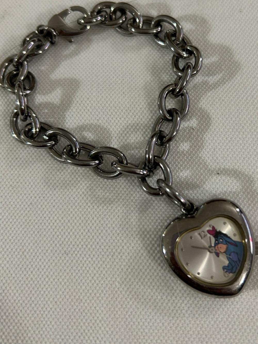 Heart Charm Silver Tone Bracelet Watch with Disney Eeyore Dial